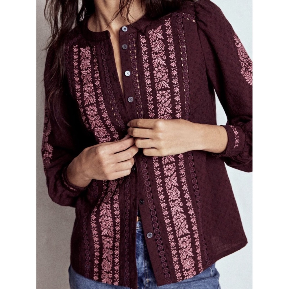 Boden Embroidery Interest Button Up Top Burgundy Boho Chic Crochet